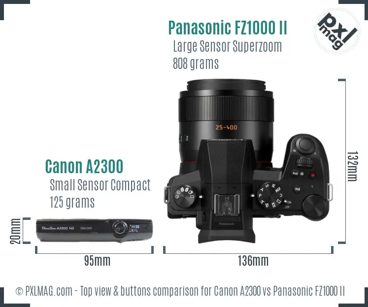 Canon A2300 vs Panasonic FZ1000 II top view buttons comparison