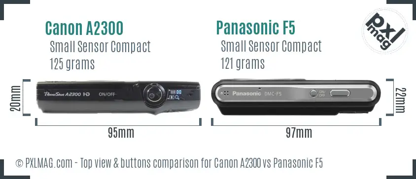 Canon A2300 vs Panasonic F5 top view buttons comparison Canon A2300 vs Panasonic F5 top view buttons comparison