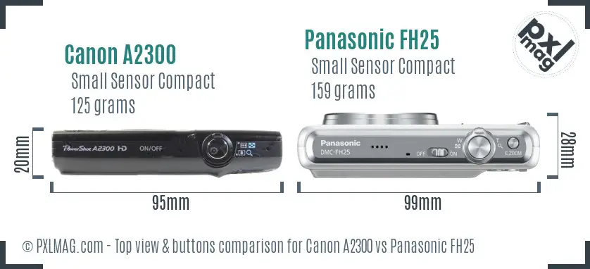 Canon A2300 vs Panasonic FH25 top view buttons comparison Canon A2300 vs Panasonic FH25 top view buttons comparison