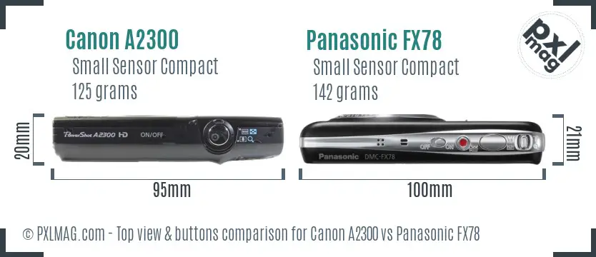 Canon A2300 vs Panasonic FX78 top view buttons comparison