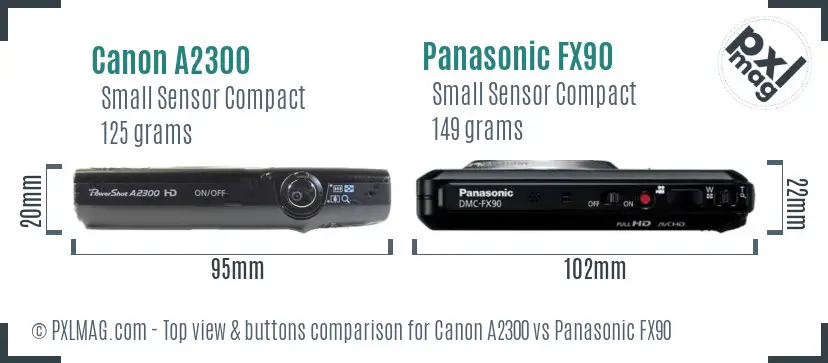 Canon A2300 vs Panasonic FX90 top view buttons comparison