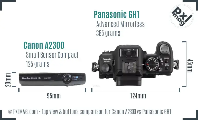 Canon A2300 vs Panasonic GH1 top view buttons comparison