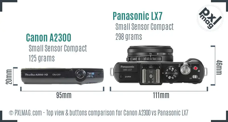 Canon A2300 vs Panasonic LX7 top view buttons comparison Canon A2300 vs Panasonic LX7 top view buttons comparison