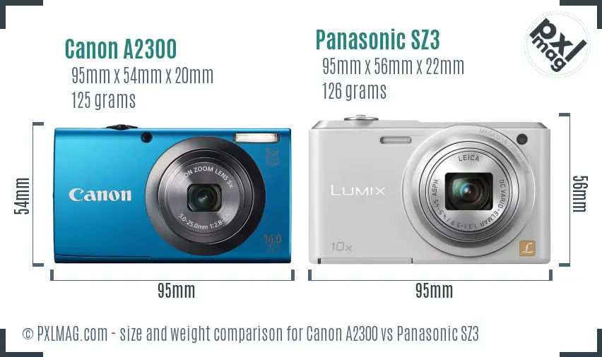 Canon A2300 vs Panasonic SZ3 size comparison