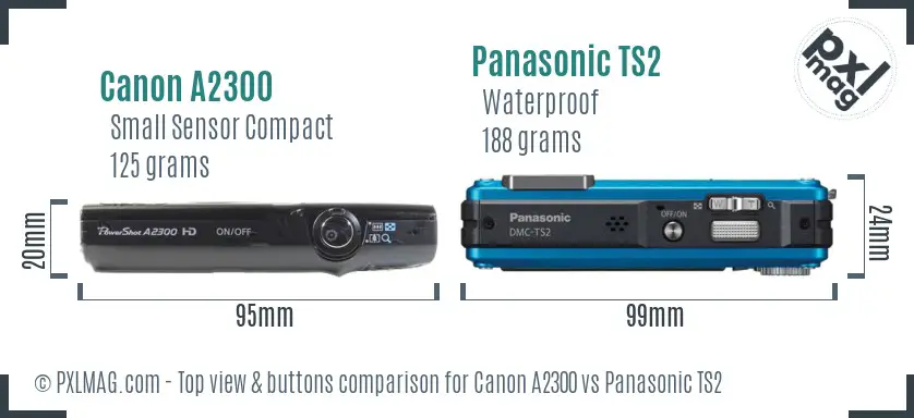 Canon A2300 vs Panasonic TS2 top view buttons comparison