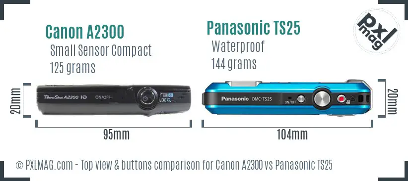 Canon A2300 vs Panasonic TS25 top view buttons comparison