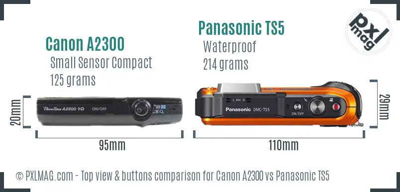 Canon A2300 vs Panasonic TS5 top view buttons comparison