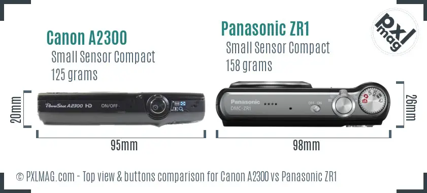 Canon A2300 vs Panasonic ZR1 top view buttons comparison Canon A2300 vs Panasonic ZR1 top view buttons comparison
