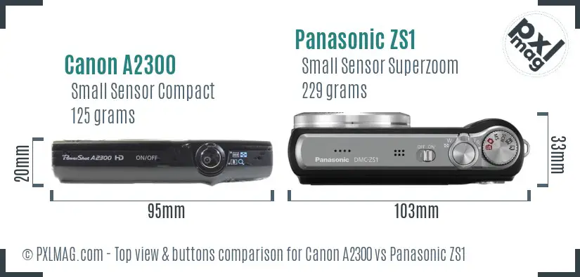 Canon A2300 vs Panasonic ZS1 top view buttons comparison Canon A2300 vs Panasonic ZS1 top view buttons comparison