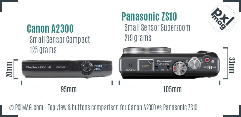 Canon A2300 vs Panasonic ZS10 top view buttons comparison