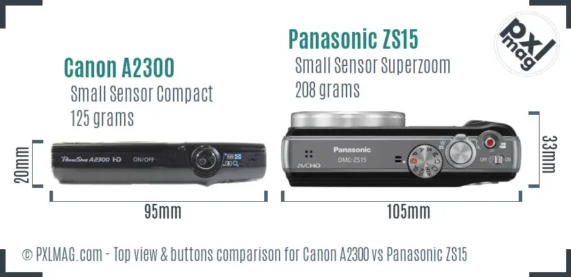 Canon A2300 vs Panasonic ZS15 top view buttons comparison