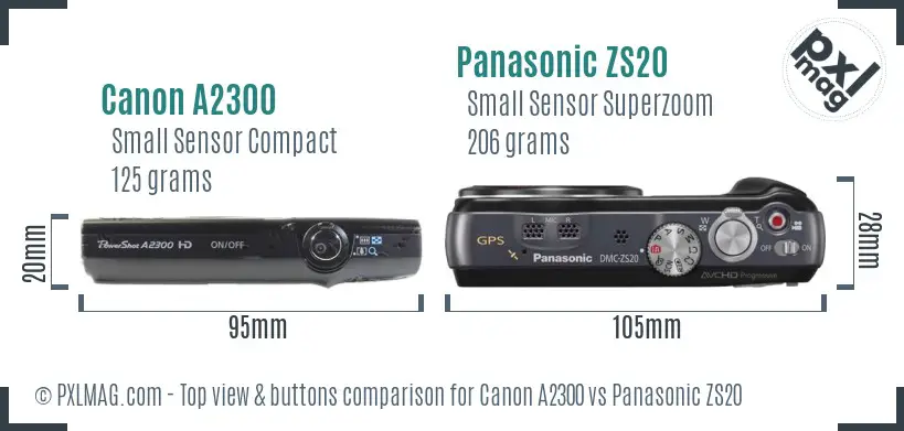 Canon A2300 vs Panasonic ZS20 top view buttons comparison
