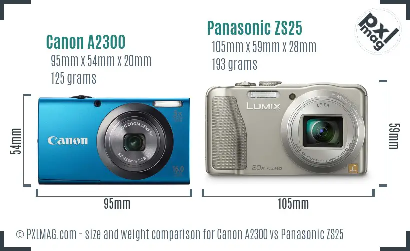 Canon A2300 vs Panasonic ZS25 size comparison