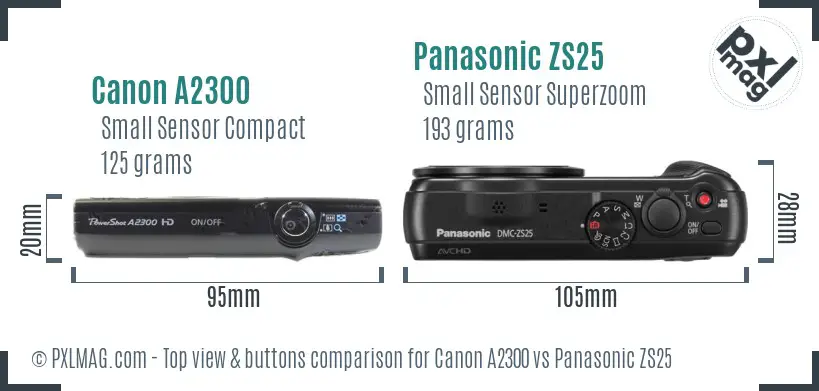 Canon A2300 vs Panasonic ZS25 top view buttons comparison