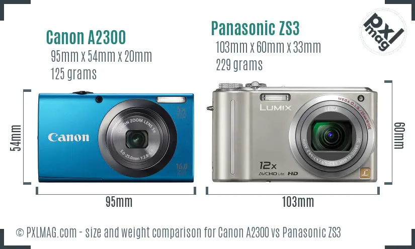 Canon A2300 vs Panasonic ZS3 size comparison