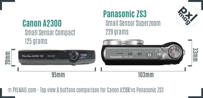 Canon A2300 vs Panasonic ZS3 top view buttons comparison