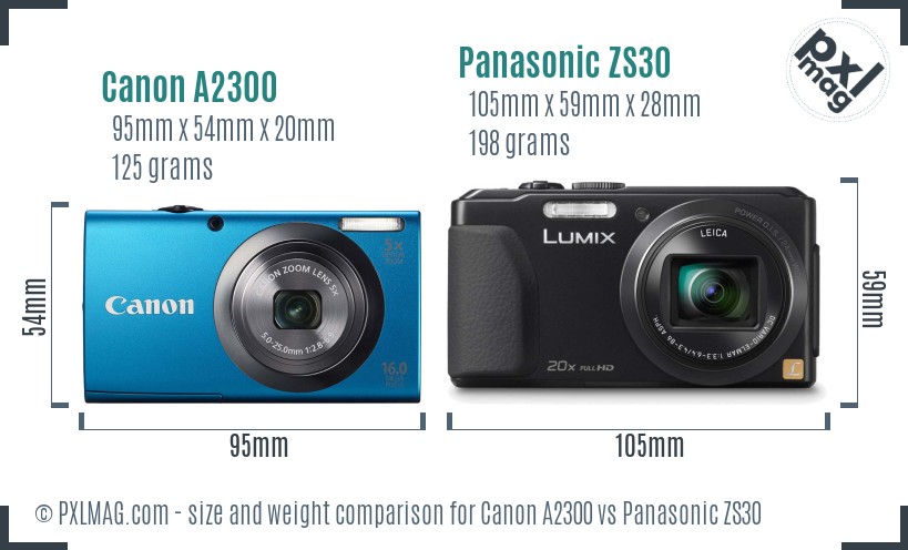 Canon A2300 vs Panasonic ZS30 size comparison