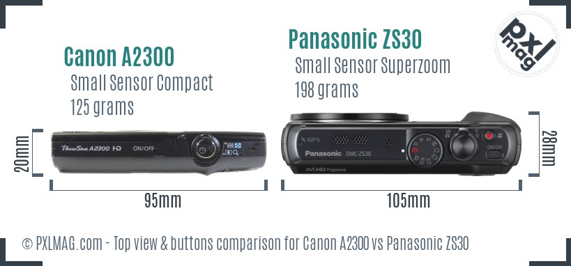 Canon A2300 vs Panasonic ZS30 top view buttons comparison