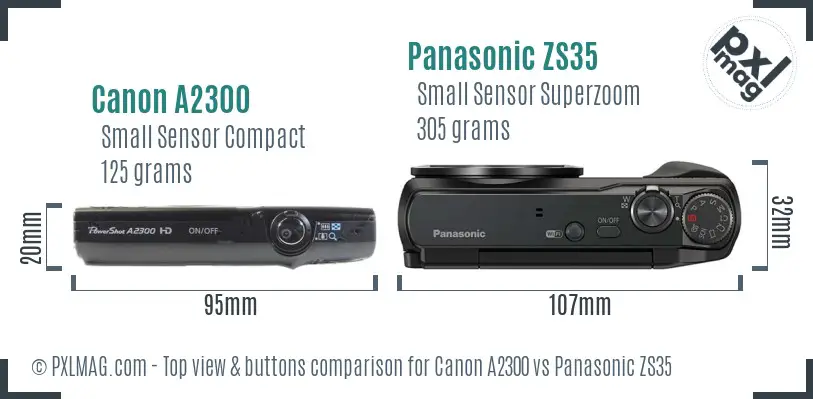 Canon A2300 vs Panasonic ZS35 top view buttons comparison