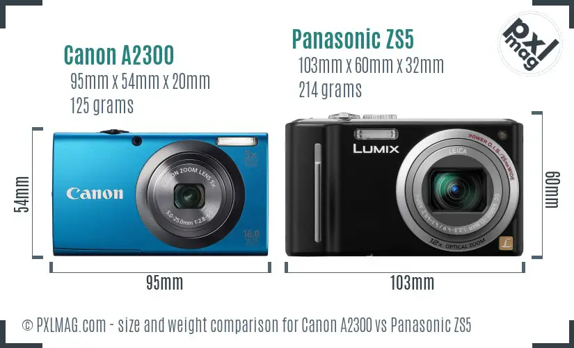 Canon A2300 vs Panasonic ZS5 size comparison