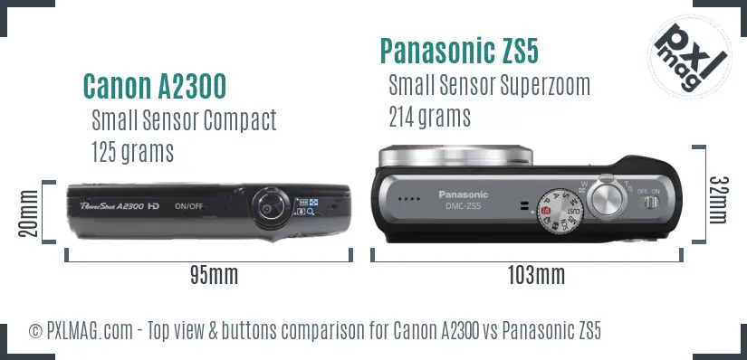 Canon A2300 vs Panasonic ZS5 top view buttons comparison