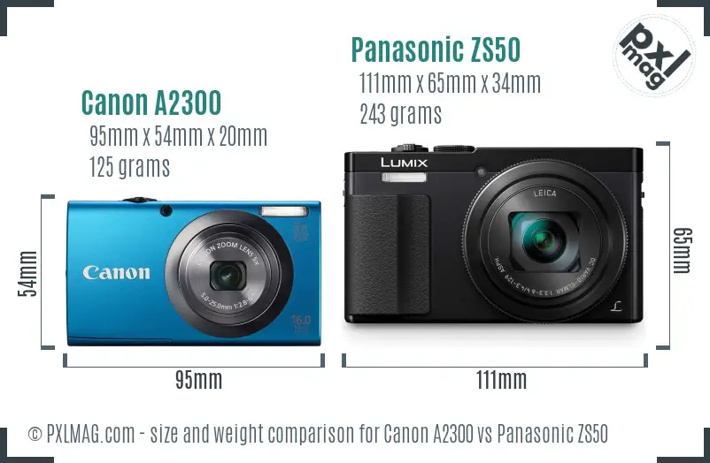 Canon A2300 vs Panasonic ZS50 size comparison