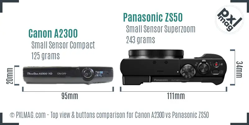Canon A2300 vs Panasonic ZS50 top view buttons comparison
