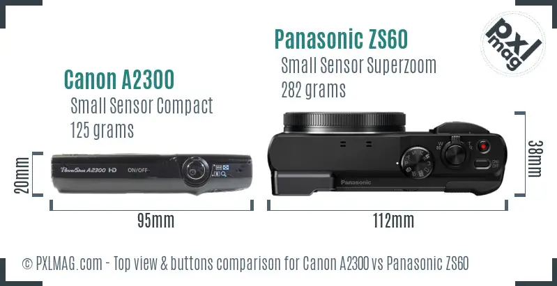 Canon A2300 vs Panasonic ZS60 top view buttons comparison