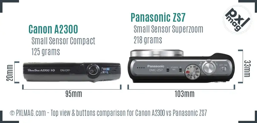 Canon A2300 vs Panasonic ZS7 top view buttons comparison Canon A2300 vs Panasonic ZS7 top view buttons comparison