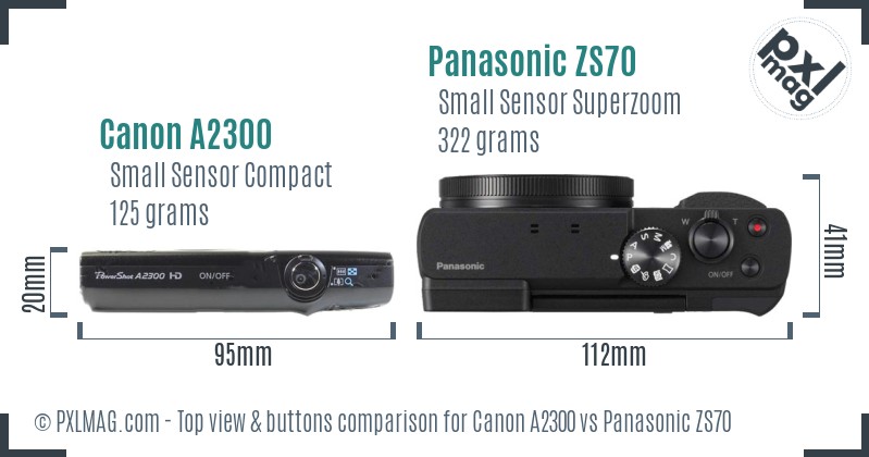 Canon A2300 vs Panasonic ZS70 top view buttons comparison