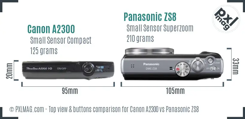 Canon A2300 vs Panasonic ZS8 top view buttons comparison