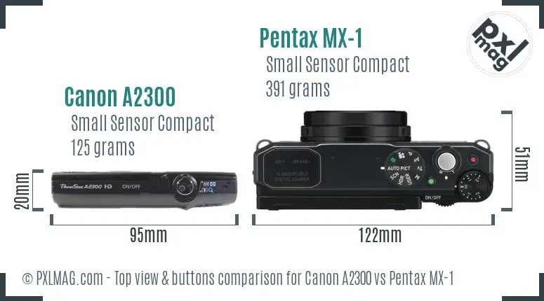 Canon A2300 vs Pentax MX-1 top view buttons comparison