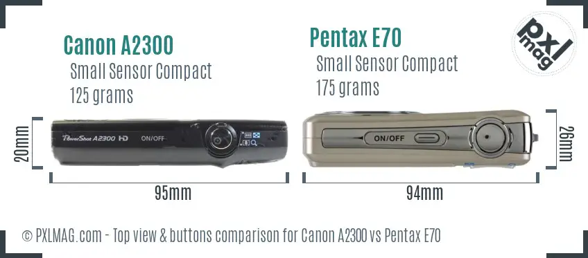 Canon A2300 vs Pentax E70 top view buttons comparison