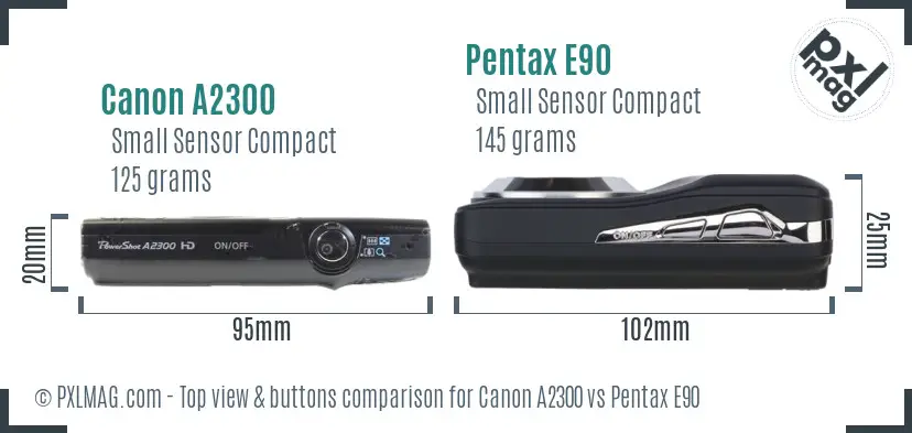 Canon A2300 vs Pentax E90 top view buttons comparison