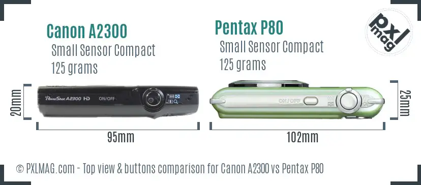 Canon A2300 vs Pentax P80 top view buttons comparison