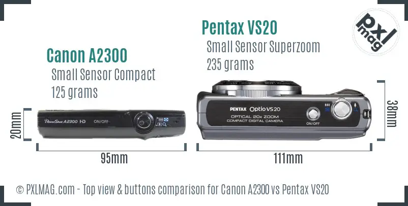 Canon A2300 vs Pentax VS20 top view buttons comparison