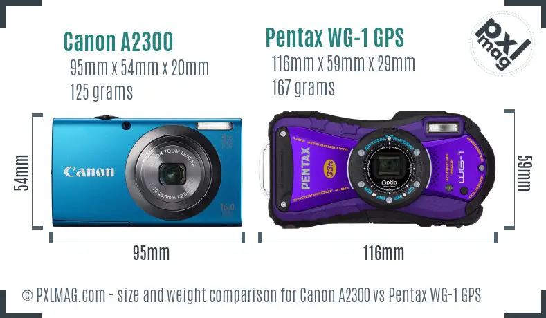 Canon A2300 vs Pentax WG-1 GPS size comparison