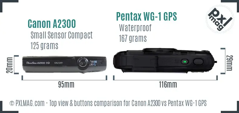 Canon A2300 vs Pentax WG-1 GPS top view buttons comparison