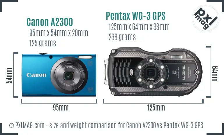 Canon A2300 vs Pentax WG-3 GPS size comparison