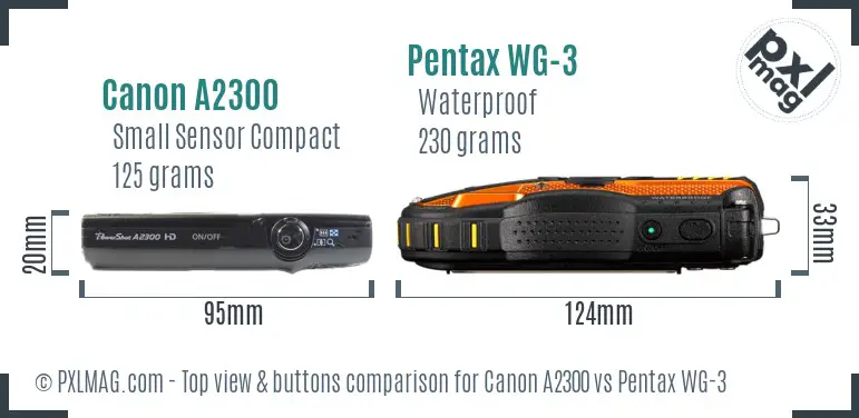 Canon A2300 vs Pentax WG-3 top view buttons comparison Canon A2300 vs Pentax WG-3 top view buttons comparison