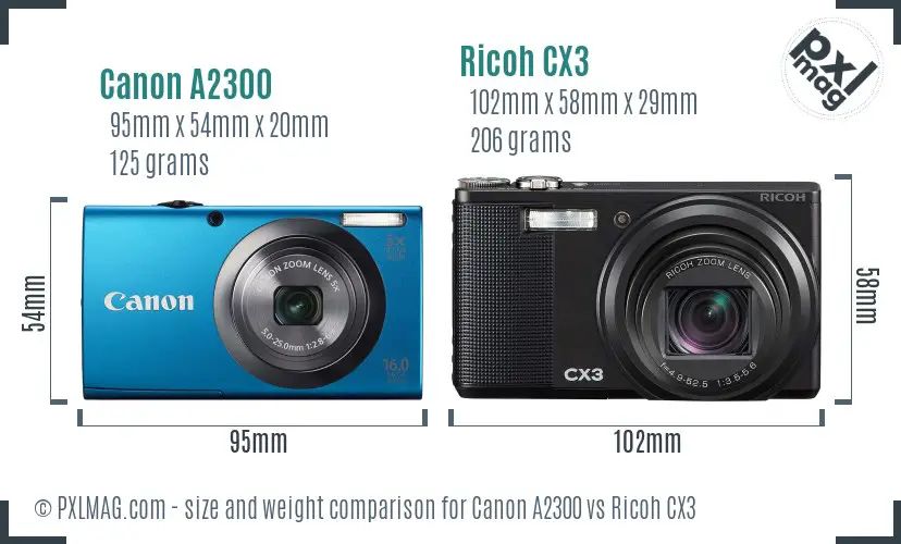 Canon A2300 vs Ricoh CX3 size comparison