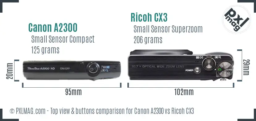 Canon A2300 vs Ricoh CX3 top view buttons comparison