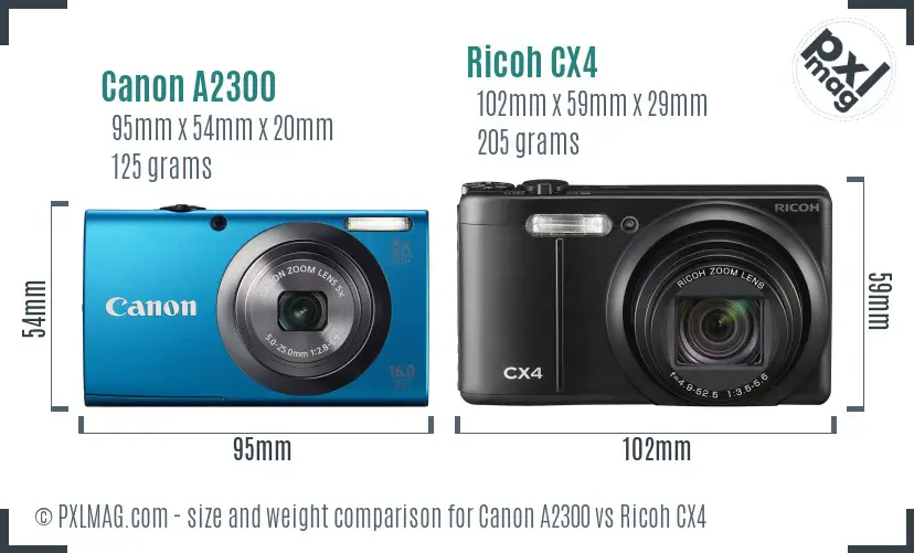 Canon A2300 vs Ricoh CX4 size comparison Canon A2300 vs Ricoh CX4 size comparison