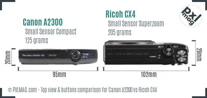 Canon A2300 vs Ricoh CX4 top view buttons comparison Canon A2300 vs Ricoh CX4 top view buttons comparison