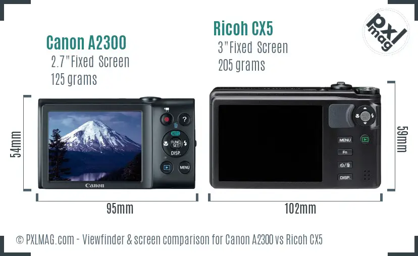 Canon A2300 vs Ricoh CX5 Screen and Viewfinder comparison