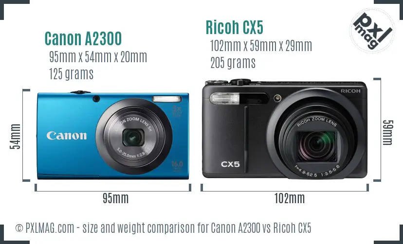 Canon A2300 vs Ricoh CX5 size comparison