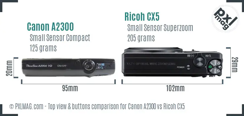 Canon A2300 vs Ricoh CX5 top view buttons comparison