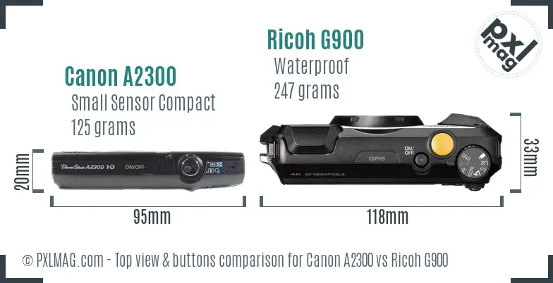 Canon A2300 vs Ricoh G900 top view buttons comparison Canon A2300 vs Ricoh G900 top view buttons comparison