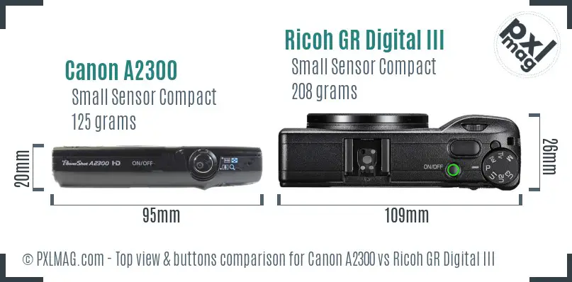 Canon A2300 vs Ricoh GR Digital III top view buttons comparison