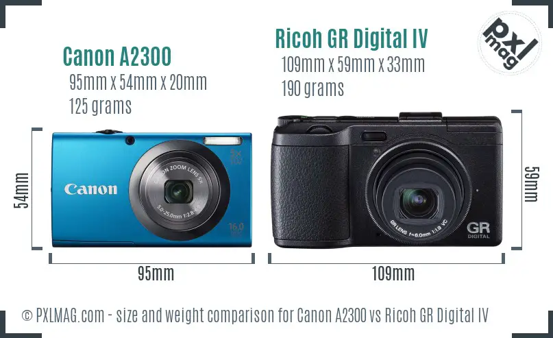 Canon A2300 vs Ricoh GR Digital IV size comparison